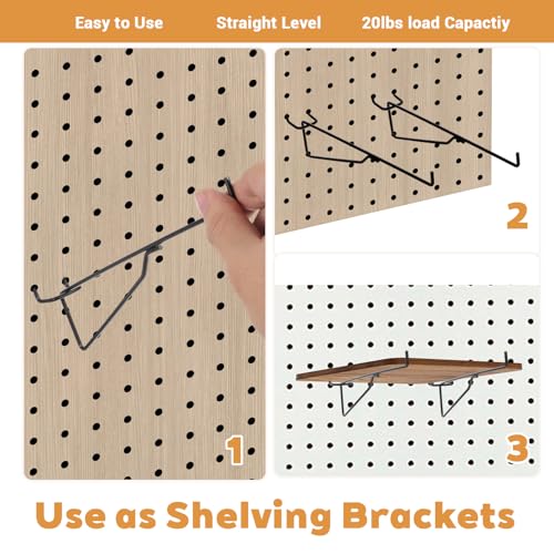 10-Pack Pegboard Shelf Hooks, 8" Black Metal Pegboard Shelf Brackets, Heavy Duty Peg Board Shelving Organizer Accessories for Garage Workshop Storage System