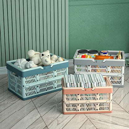 20L Plastic Collapsible Storage Crate - Foldable Handle Crate Storage Basket Bin - White & Gray M - color: Grey