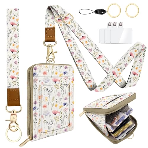 Flower Watercolour PU Leather ID Badge Holder with Lanyard with 1 Zip Pocket and 3 Card Slots Keychain Phone Lanyard Wrist Strap, RFID Blocking, for Office School Business Women - color: Flower Watercolour