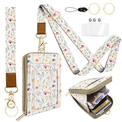 Flower Watercolour PU Leather ID Badge Holder with Lanyard with 1 Zip Pocket and 3 Card Slots Keychain Phone Lanyard Wrist Strap, RFID Blocking, for Office School Business Women - color: Flower Watercolour