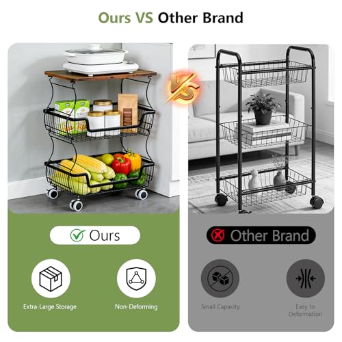 Pantry Floor Organizeron with Wheels, 3 Tier Rolling Fruit Vegetable Basket for Kitchen Stackable Wire Basket Stand for Home Removable Metal Vegetable Rack Wire Snack Cart