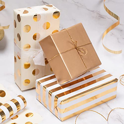 WRAPAHOLIC Gold Wrapping Paper Roll - Mini Roll - 3 Rolls - 17 Inch X 120 Inch Per Roll - Gold Foil Birthday Wrapping Paper for Wedding, Christmas, Party, Baby Shower - color: Gold Foil - Stripe/Polka Dot/Solid Gold