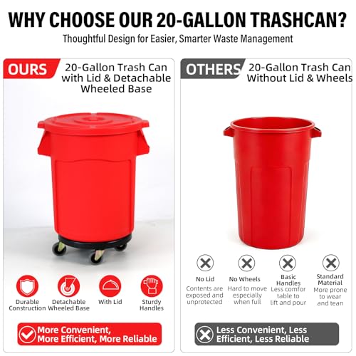20 Gallon Outdoor Trash Can with Lid and Wheels, Red, 1Pack - color: RED