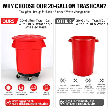 20 Gallon Outdoor Trash Can with Lid and Wheels, Red, 1Pack - color: RED