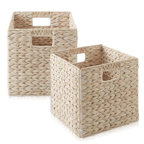 Casafield 10.5" x 10.5" Hyacinth Storage Baskets, Whitewash - Set of 2 Storage Organizers, Woven Wicker Cubes for Bathroom, Bedroom, Laundry, Shelves - size: 2-Pack