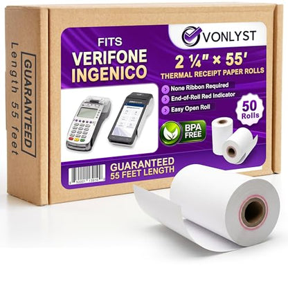 Verifone & Ingenico Thermal Paper Rolls 2 1/4" x 55' (50 Pack) BPA Free Receipt Paper for VX520 VX680 T650 V400m ICT220 ICT250 Desk 3500 Move 5000 Credit Card Machine - size: 50 rolls