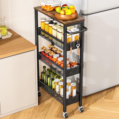 Vivihomety 4-Tier Slim Utility Rolling Laundry Cart with Wheels, Metal - color: Black, size: 7.1 inch wide