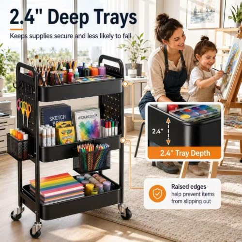3 Tier Black Rolling Storage Cart Metal with DIY Pegboard and Wheels - color: Classic Black, size: 3 Tier+Pegboard