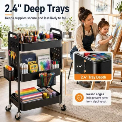 3 Tier Black Rolling Storage Cart Metal with DIY Pegboard and Wheels - color: Classic Black, size: 3 Tier+Pegboard