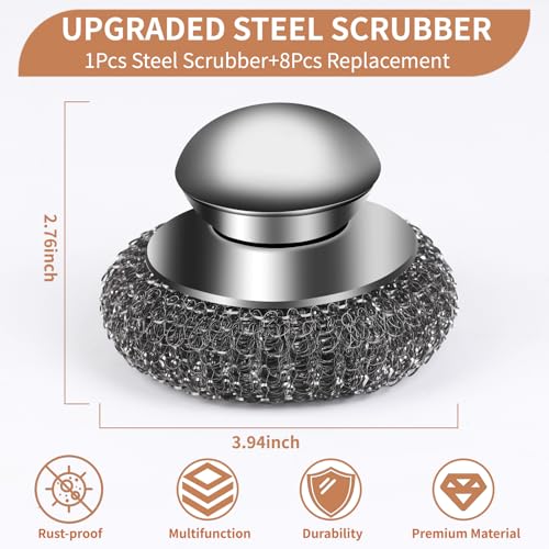 9Pcs Steel Wool Scrubber with Replacement Wire Sponge Pads Set, Stainless Steel Scrubber with Handle for Scouring Messes from Cast Iron, Frying pan, Pots, Pans, Grill, Stoves, Sink(1 Scrubber+8 Pads) - size: 1 Handle+8 Pads
