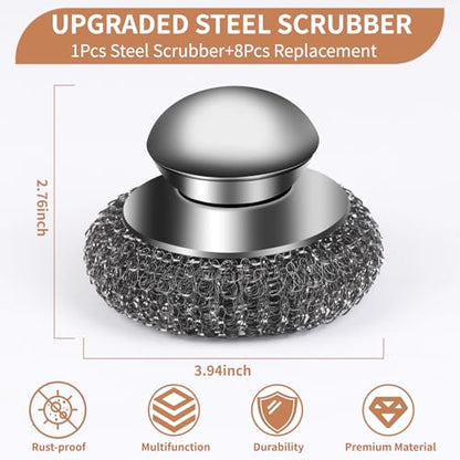 9Pcs Steel Wool Scrubber with Replacement Wire Sponge Pads Set, Stainless Steel Scrubber with Handle for Scouring Messes from Cast Iron, Frying pan, Pots, Pans, Grill, Stoves, Sink(1 Scrubber+8 Pads) - size: 1 Handle+8 Pads