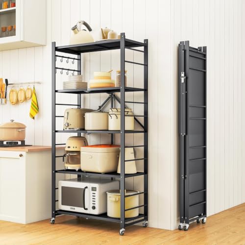 Fenbeli 5-Tier Folding Metal Storage Shelves with Wheels, 750 lb Capacity - color: Black-a, size: 5 Tier