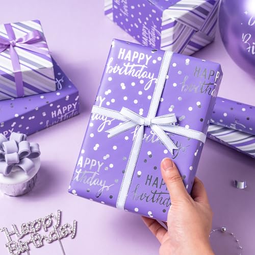 LeZakaa Purple Birthday Wrapping Paper Roll for Girls Women, Happy Birthday Lettering & Stripe Reversible, Metallic Foil, Large Roll, 30 inches x 32.8 Feet (92.9 sq.ft.) - color: Birthday - Purple, size: 30" X 32.8 ft
