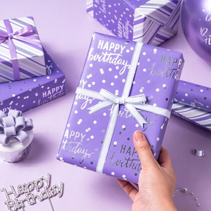 LeZakaa Purple Birthday Wrapping Paper Roll for Girls Women, Happy Birthday Lettering & Stripe Reversible, Metallic Foil, Large Roll, 30 inches x 32.8 Feet (92.9 sq.ft.) - color: Birthday - Purple, size: 30" X 32.8 ft