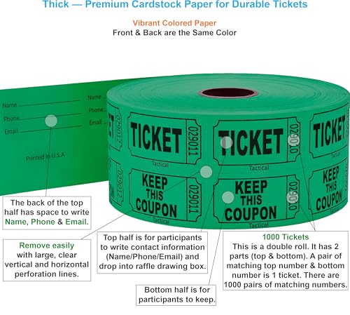 Tacticai 1000 Raffle Tickets, 50/50 Double Roll, Green - color: A - Double Roll - 1,000 Tickets - Keep - Green