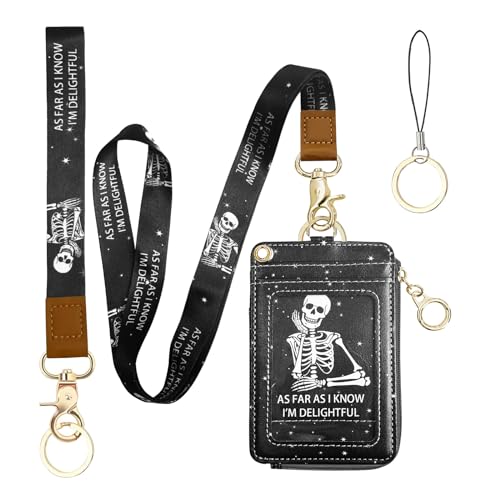 2-in-1 Lanyard Wallet &ID Badge Holder, Breakaway Wristlet & Neck Lanyard with Zip ID Case, Leather ID Card Holder Keychain Name Badge Clip for Worker Nurse Teacher (As Far As I Know I'm Delightful) - color: Skeleton I'm Delightful
