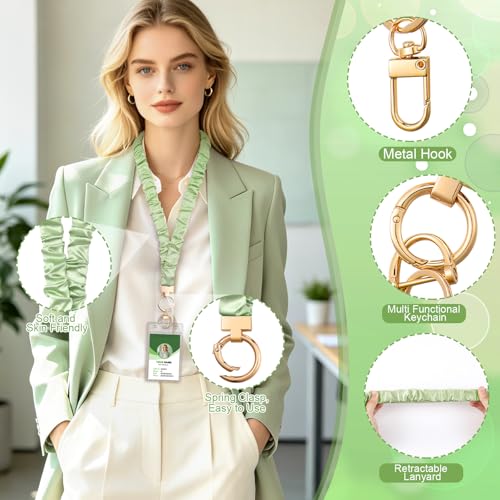 5 in 1 Set Green Scrunchies Lanyards for Id Badges, Stretchy Lanyard with ID Badges Holders for Women Teacher Nurse - color: Green