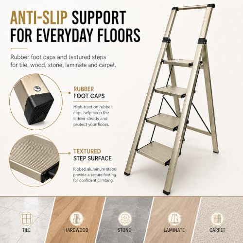 HISMOCAL 4 Step Ladder with Handrail, Lightweight Aluminum Step Stool, Gold - color: Golden, size: 4 Step-Handle