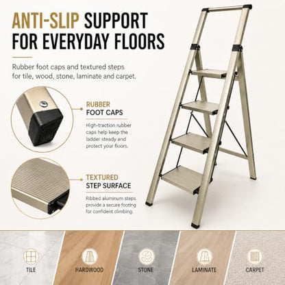 HISMOCAL 4 Step Ladder with Handrail, Lightweight Aluminum Step Stool, Gold - color: Golden, size: 4 Step-Handle