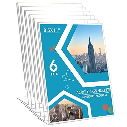 Acrylic Sign Holder 6 Pack 8.5x11 Slant Back Acrylic Stands for Display Plexiglass Clear Acrylic Display Stands for Ad Frame, Picture Photo Frames, Promotions, Restaurants, Office, Store, Home - size: Vertical 6 pack 8.5 x 11 inches