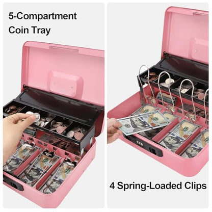 Jssmst Metal Cash Box with Money Tray and Lock, Portable Cash Drawer, 11.8" - color: Pink Code-B
