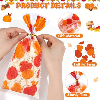 100Pcs Fall Thanksgiving Cellophane Treat Bags - 5 x 11 Inch Clear Fall Goodie Bags with Gold Ties for Cookies, Snacks, Party Favors & Gift Packaging, 2.8 Mil Thick Plastic Autumn Candy Bag for Kids - color: Fall 100pcs