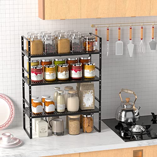 Redrubbit Large Expandable Cabinet Storage Shelf, Adjustable Height Steel Metal Kitchen Counter Organizers Shelves Spice Rack for Kitchen Pantry Bathroom Cupboard Desk Home Office, Black-3 Pack - color: Black