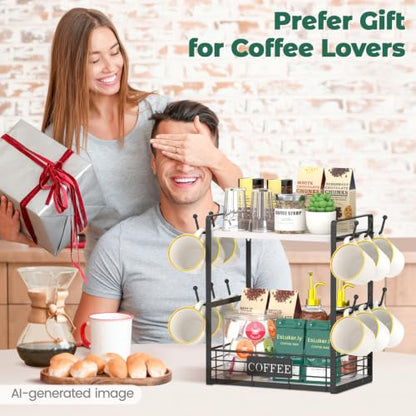 EsLuker.ly Coffee Mug Cup Holder Tree Bar Station Organizer, 2 Tier White - color: White + Black