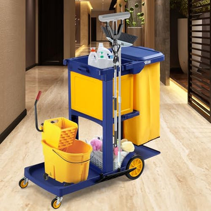 TUFFIOM Multifunctional Janitorial Cart with Key-Locking Cabinet,Cleaning Carts on Wheels,with 15 Gallon Collection Bag,500 lbs Capacity, Yellow&Blue - color: Blue