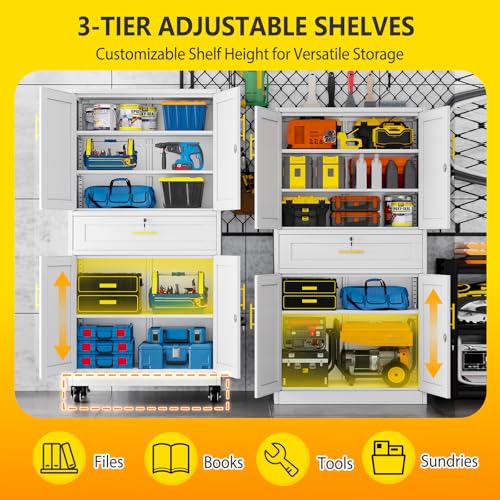 pozdeg 74" White Lockable Rolling Metal Garage Storage Cabinet - color: White