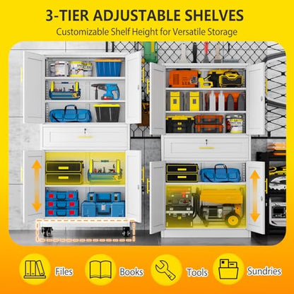 pozdeg 74" White Lockable Rolling Metal Garage Storage Cabinet - color: White