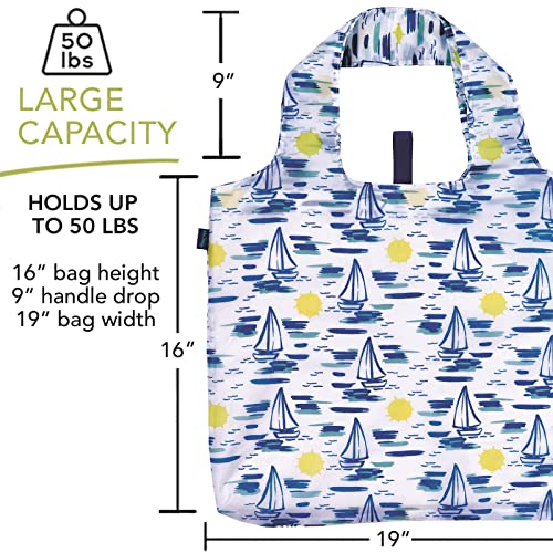 rockflowerpaper Reusable Grocery Bags - Washable, Foldable, Packable Tote, Large Handles, Heavy Duty, Zippered Top Pouch - color: Sails