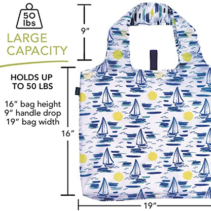 rockflowerpaper Reusable Grocery Bags - Washable, Foldable, Packable Tote, Large Handles, Heavy Duty, Zippered Top Pouch - color: Sails