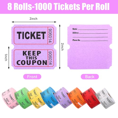8000 Multicolor Raffle Tickets - 8 Double Rolls of 1000 Tickets Each, Consecutively Numbered 50/50, 1x2 Inch, for Party, Concert, Carnival, Event