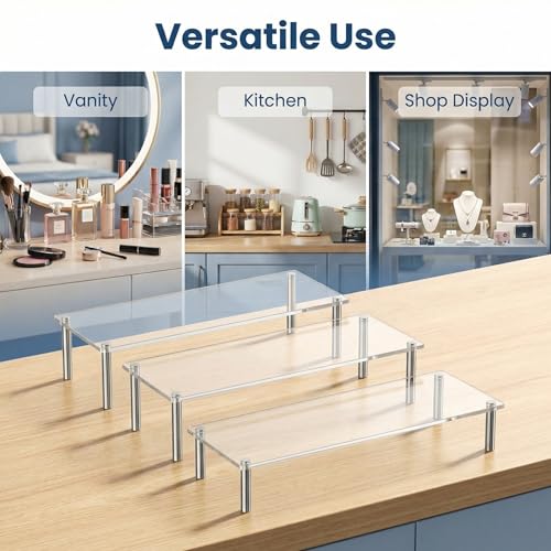 Acrylic Display Risers Set of Three Clear Rectangular Stands with Metal Support Posts for Cake Stand Styling Countertop Tiered Organizer Small Size Transparent One Piece