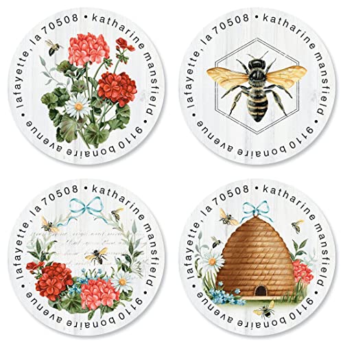 Blossoms & Bees Personalized Round Address Labels - Set of 144 (4 Designs), Round Self-Adhesive, Flat-Sheet Labels - color: Blossoms