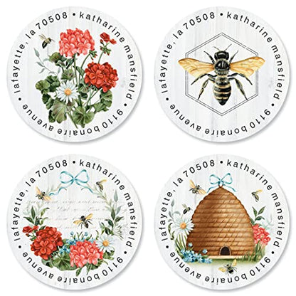 Blossoms & Bees Personalized Round Address Labels - Set of 144 (4 Designs), Round Self-Adhesive, Flat-Sheet Labels - color: Blossoms
