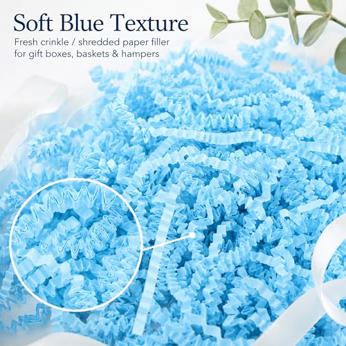 STRBOXONG Light Blue Crinkle Paper Filler 1 LB, Dust-Free Crinkle Cut Paper Shred for Baby Shower Gifts, Birthday Gift Boxes, Gift Baskets, Party Favors, DIY Crafts and Small Business Packaging - color: Light Blue
