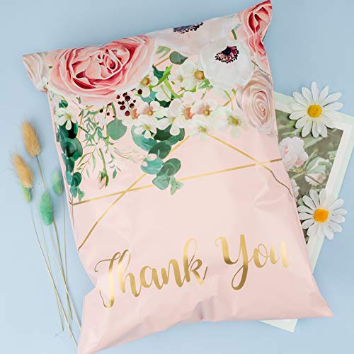 RUSPEPA Poly Mailers Shipping Bags Thank You Notes Flowers Surrounded 3 Mil Heavy Duty Self Seal Mailing Envelopes - Pink, 12 x 15.5 inches, 50 Pack