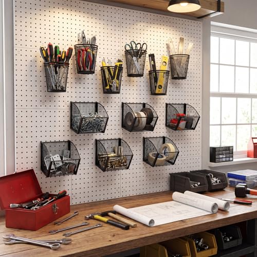 6 Set Pegboard Accessories Wall Organizer Peg Board Baskets and Cups Black Metal Pegboard Baskets and Wire Mesh Cup with Ring Hook Assortment Bin Holder for Organizing Storage Office Garage