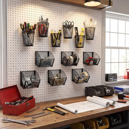 6 Set Pegboard Accessories Wall Organizer Peg Board Baskets and Cups Black Metal Pegboard Baskets and Wire Mesh Cup with Ring Hook Assortment Bin Holder for Organizing Storage Office Garage