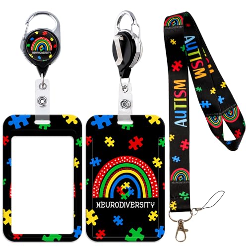 Lanyard with Retractable Reel Clip & Badge Holder for Autism Cards IDs - color: Neurodiversity