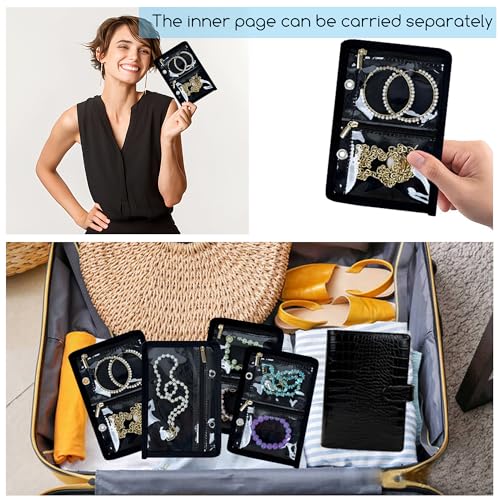 Travel Jewelry Organizer Case,Small Jewelry Bags Jewelry Storage Book Ring Binder with Clear Zipper Velvet Pouch for Traveling - color: Case,Black