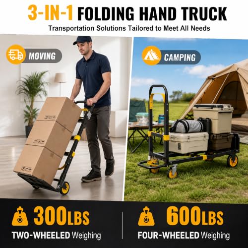 3 in 1 Folding Hand Truck, 600lbs Capacity Dolly Cart Industrial Convertible Heavy Duty with Retractable Handle and 4 Rubber Wheels, Collapsible Cart for Moving Home, Office, Warehouse - color: Black-600
