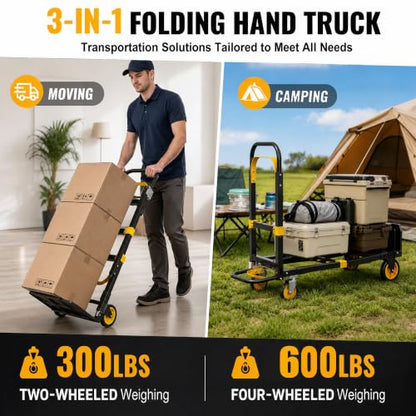3 in 1 Folding Hand Truck, 600lbs Capacity Dolly Cart Industrial Convertible Heavy Duty with Retractable Handle and 4 Rubber Wheels, Collapsible Cart for Moving Home, Office, Warehouse - color: Black-600