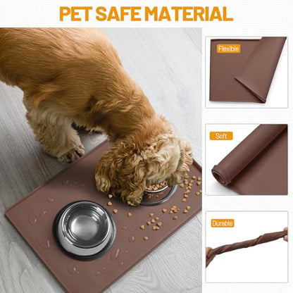 Hubulk Dog Feeding Mat,100% Waterproof Food Grade Silicone Pet Food and Water Bowl Placemat,Dishwasher, High Raised Edge to Prevent Spills,Nonslip Tray to Stop Messes on Floor（19"x12"x0.5", Brown） - color: Brown, size: 19"l X 12"w