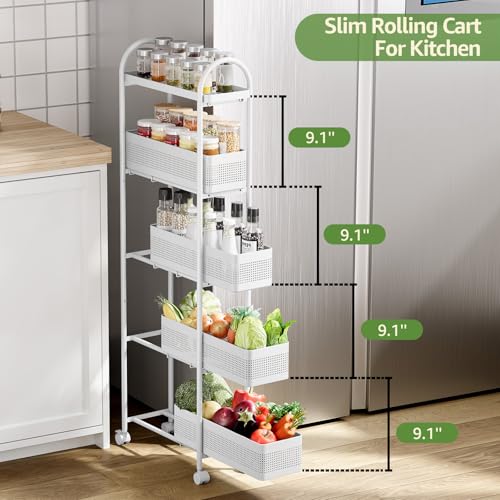 KINGRACK 5 Tier Slim Rolling Cart with Drawer, Metal Utility Storage Cart - color: White, size: 5 Tier