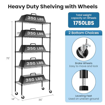 Storage Shelves 75"H Wire Shelving Unit with Wheels 1750LBS Heavy Duty Metal Shelves for Storage Adjustable 5-Tier Garage Storage Rack Kitchen Pantry Shelves Rolling Shelf on Casters, 14"D x36"W x75"H - size: Heavy 5 Tier Shelf