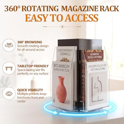 Geetery 6 Pockets 360 Degree Rotating Clear Acrylic Brochure Display Stand