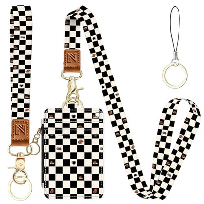 2-in-1 ID Badge Holder & Lanyard Wallet，Cute Zippered Pouch Checkered - color: Black and White Checkered